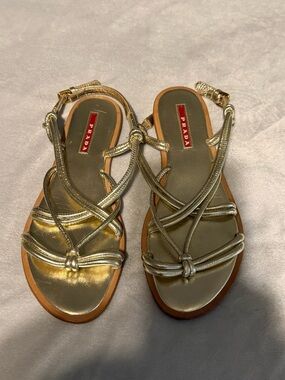Prada Metallic Gold Knotted Strappy Sandals
